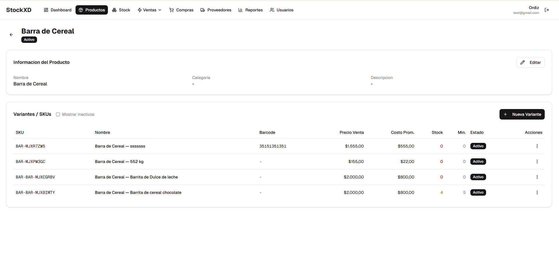 Variantes de un producto en StockXD