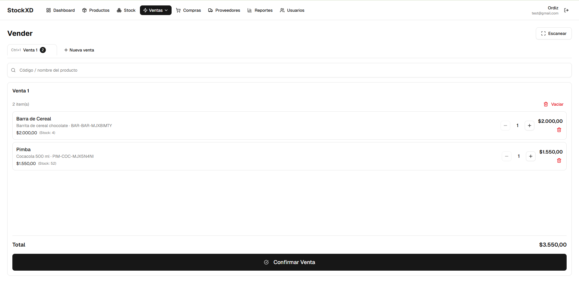 Pantalla de ventas con carrito