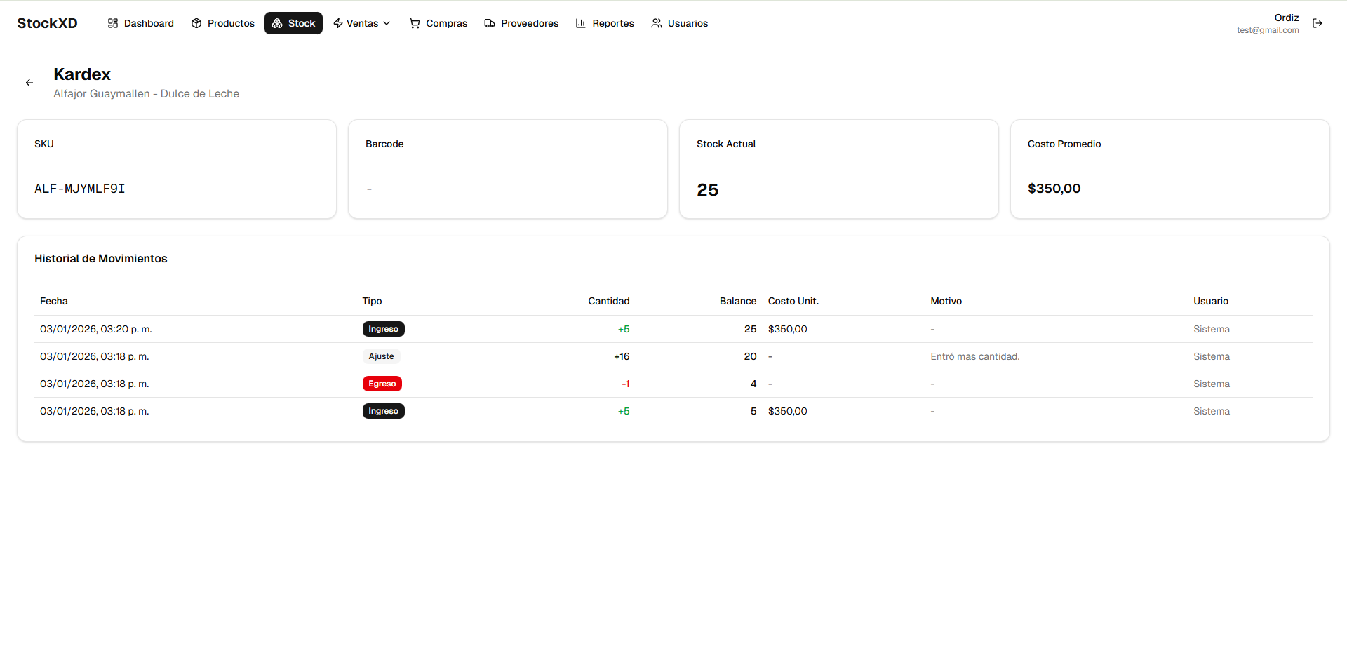 Historial de movimientos de stock